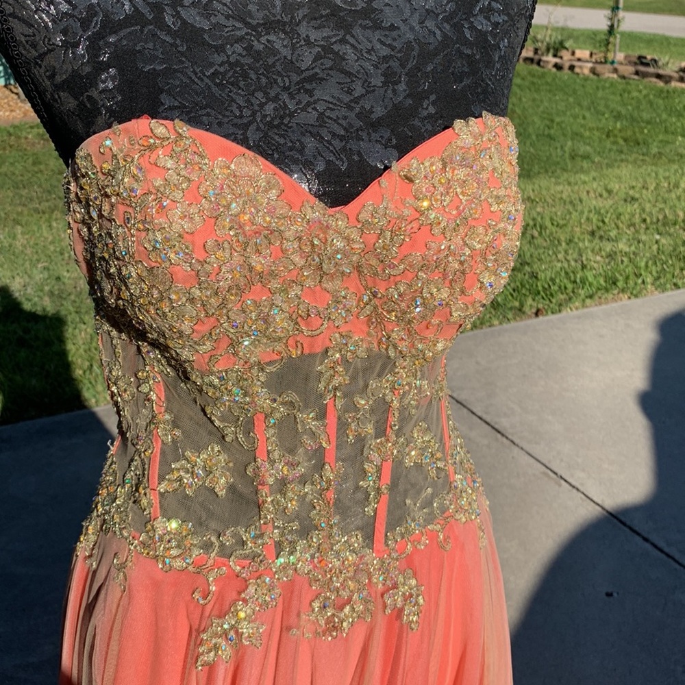 Exquisite jeweled coral colored strapless princess gown by La Femme size 6 - Picture 8 of 14